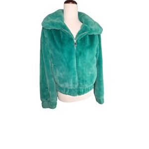 Derek Heart Womens Teal Green Faux Fur Full Zip Bomber Jacket Size M New